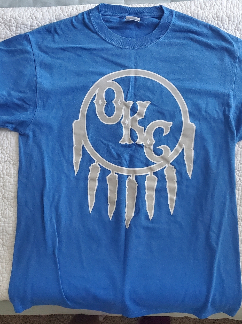 Blue Graphic Tee with Silver OKC Dreamcatcher Design